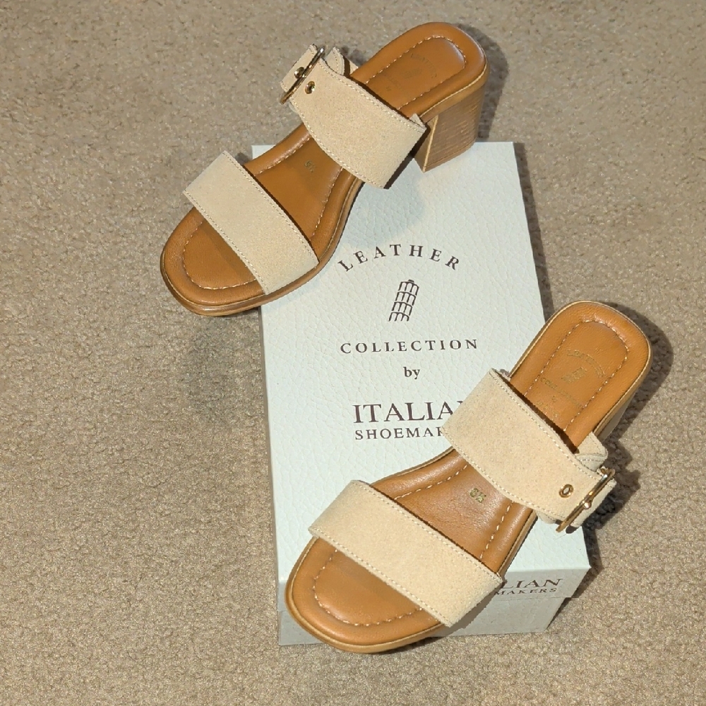 Italian Shoemakers Beige Suede Dual-Strap Block Heel Mules